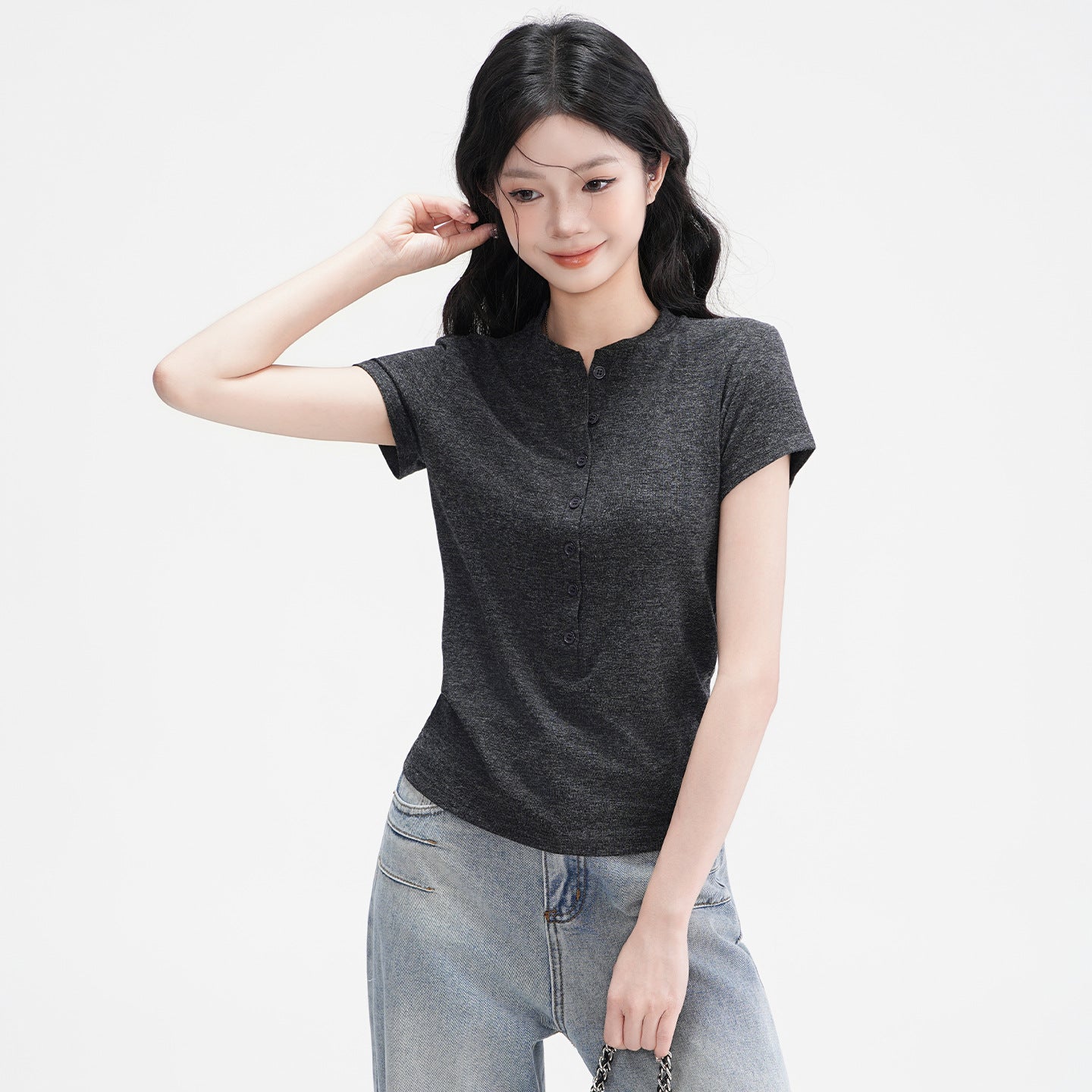 Half-Open Collar Buttoned Shoulder Tee