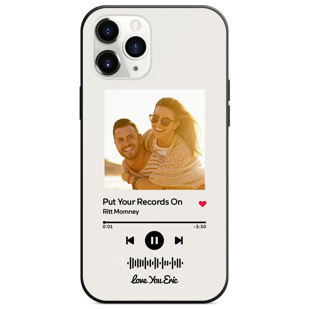 Custom white glass iPhone case with couple photo and scannable music code, song: Put Your Records On, personalized gift
