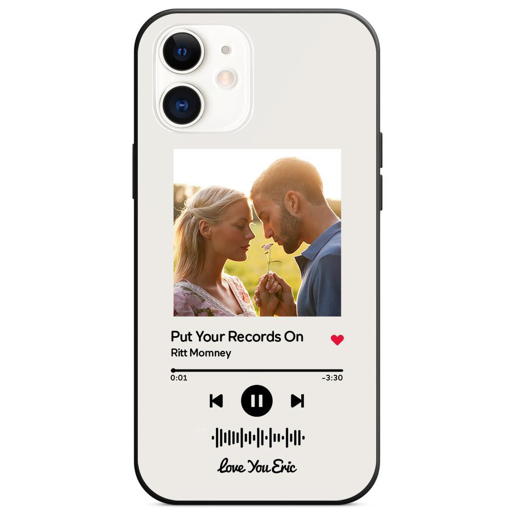 Custom white glass iPhone case with couple photo and scannable music code, song: Put Your Records On, personalized gift.