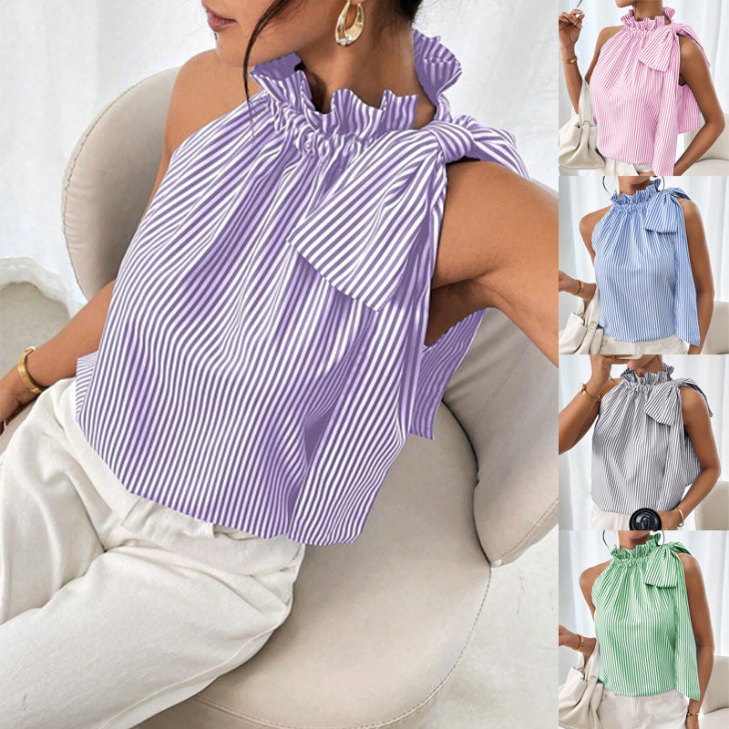 Fashionable Casual Sleeveless Striped Lace Trim High Neck Tie Knot Top