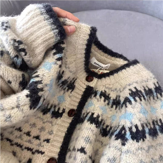 Vintage Jacquard Round Neck Knit Cardigan Sweater