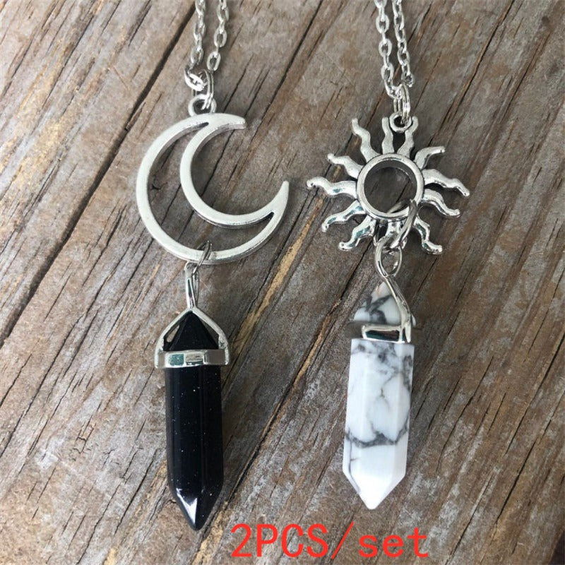 Natural Stone Sun and Moon Necklace 2PCS Set