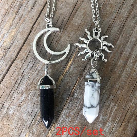 Natural Stone Sun and Moon Necklace 2PCS Set