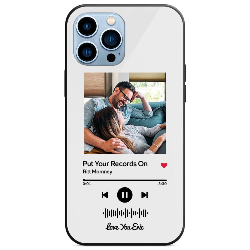 Custom white glass iPhone case with couple photo and scannable music code, personalized gift.
