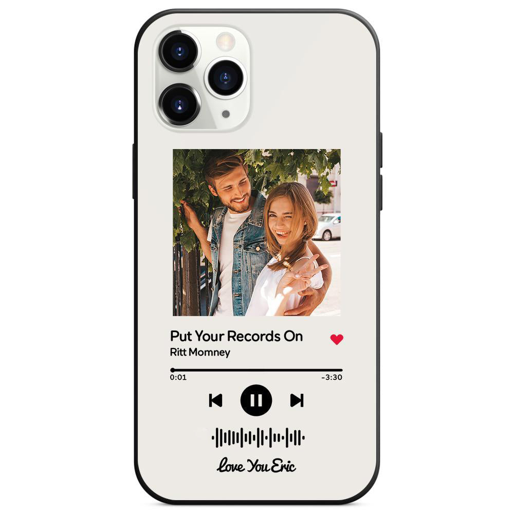 Custom white glass iPhone case with couple photo and scannable music code, song: Put Your Records On, personalized gift.