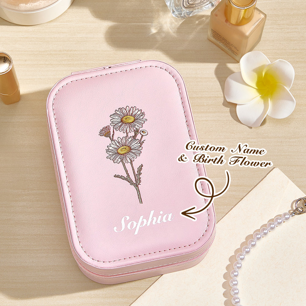 Personalized pink PU leather jewelry box with birth flower and name engraving, perfect birthday gift for her.