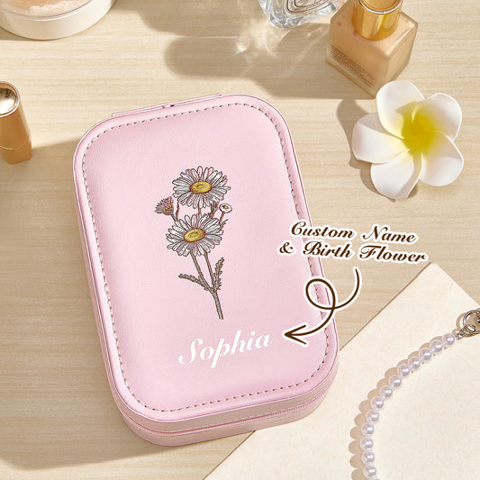 Personalized pink PU leather jewelry box with birth flower and name engraving, perfect birthday gift for her.