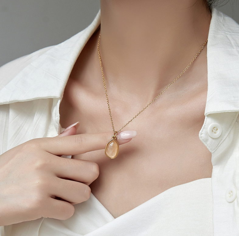 Natural Stone Pendant Black Agate Clear Quartz Gemstone Necklace