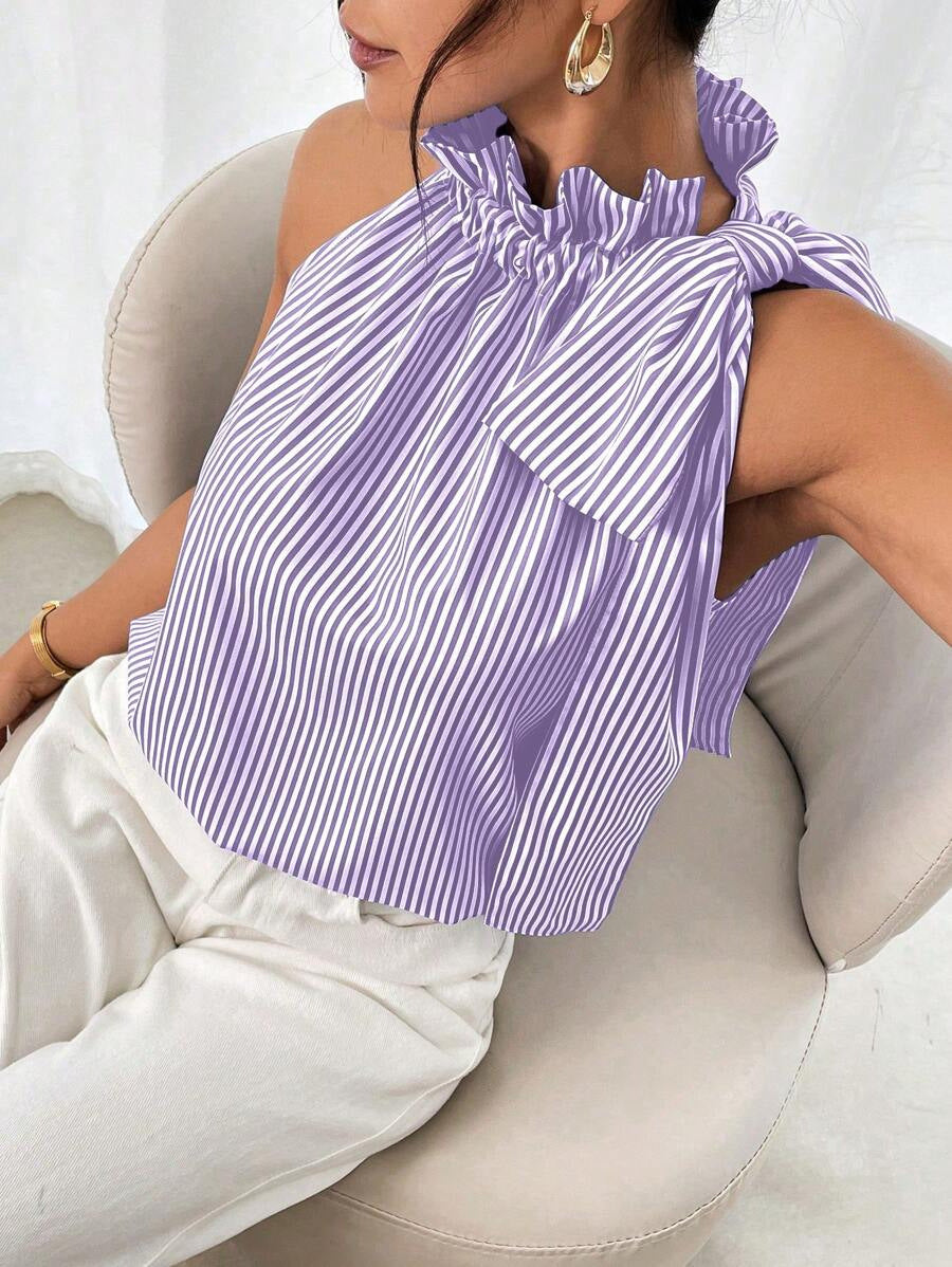 Fashionable Casual Sleeveless Striped Lace Trim High Neck Tie Knot Top