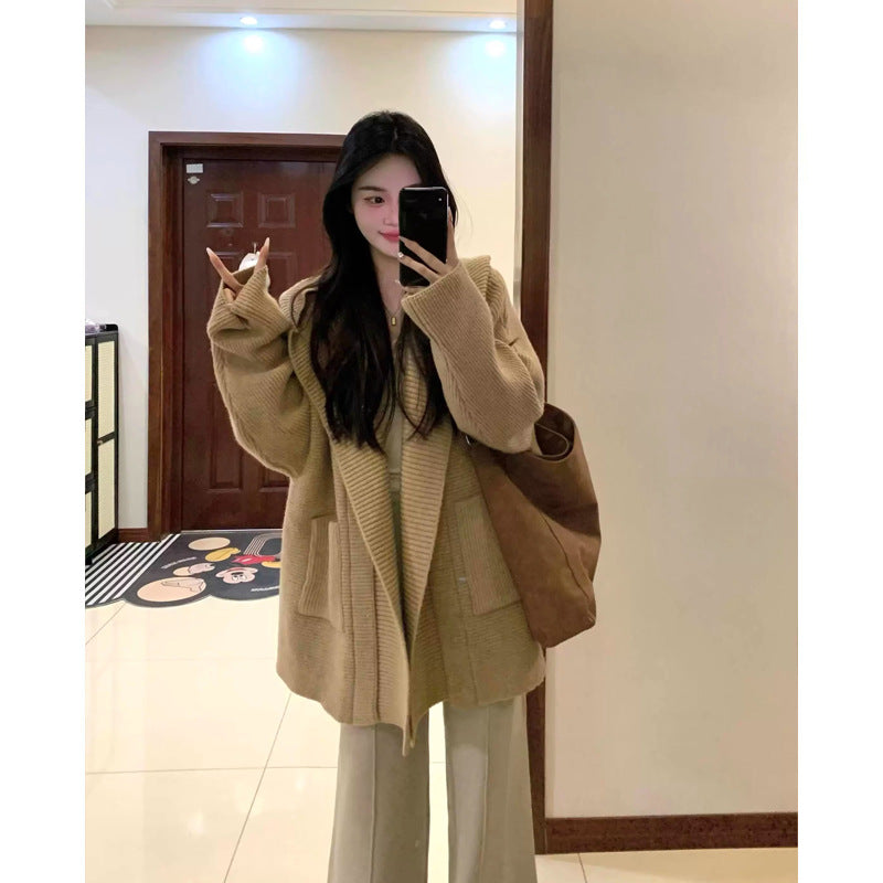 Collar Hooded Knit Cardigan Sweater