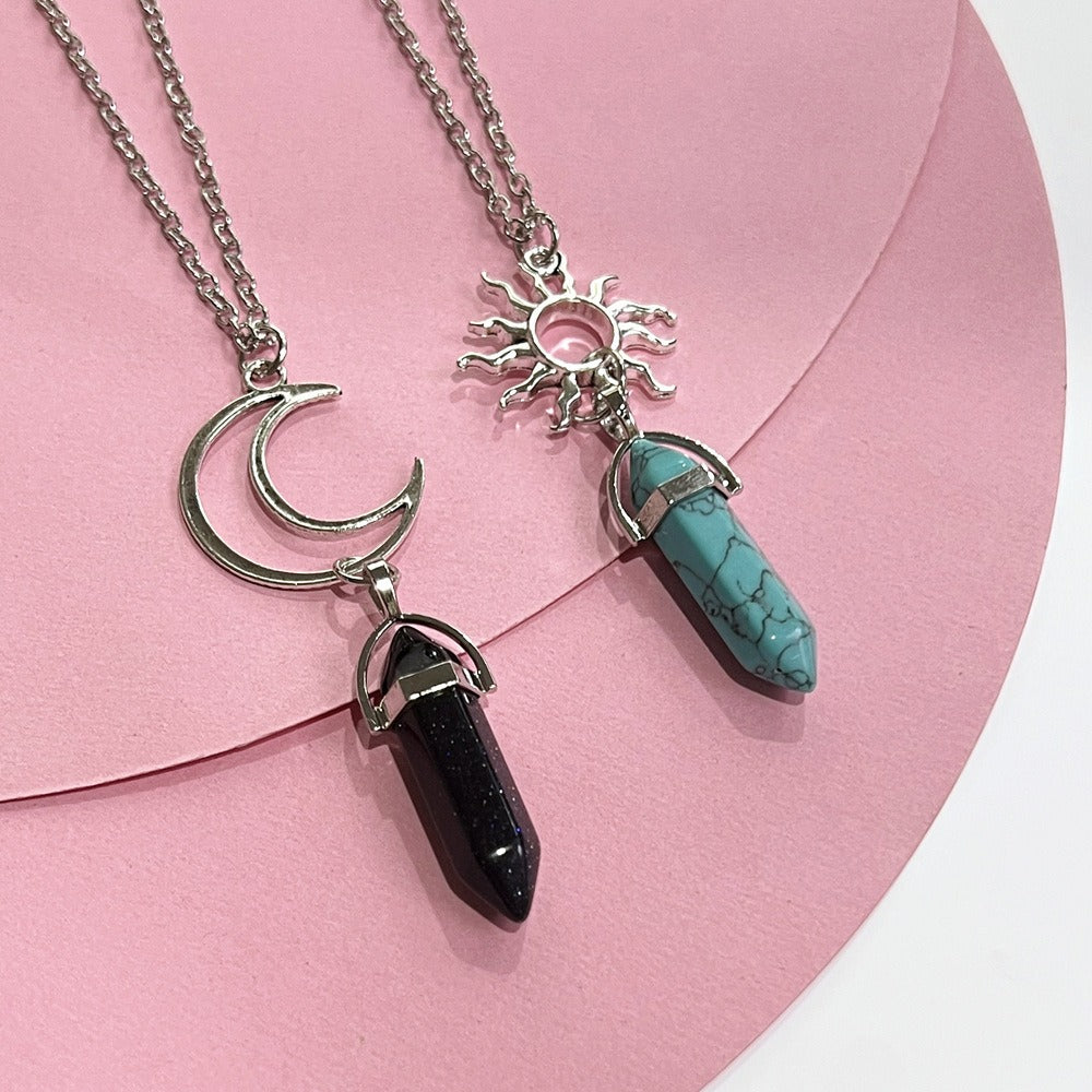 Natural Stone Sun and Moon Necklace 2PCS Set