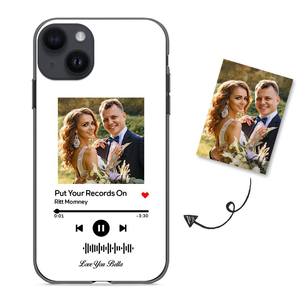 Custom white glass iPhone case with couple photo and scannable music code for song "Put Your Records On"