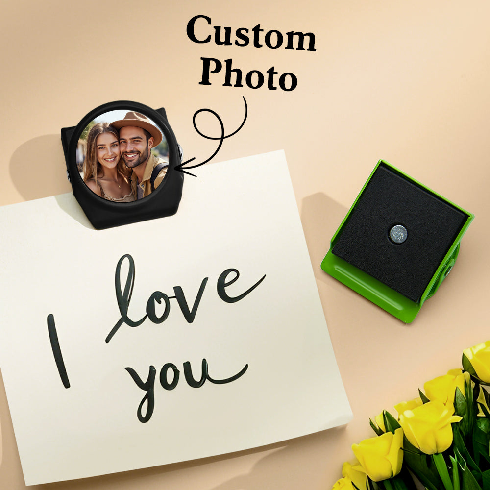Personalized metal magnetic clip with photo and 'I love you' note.