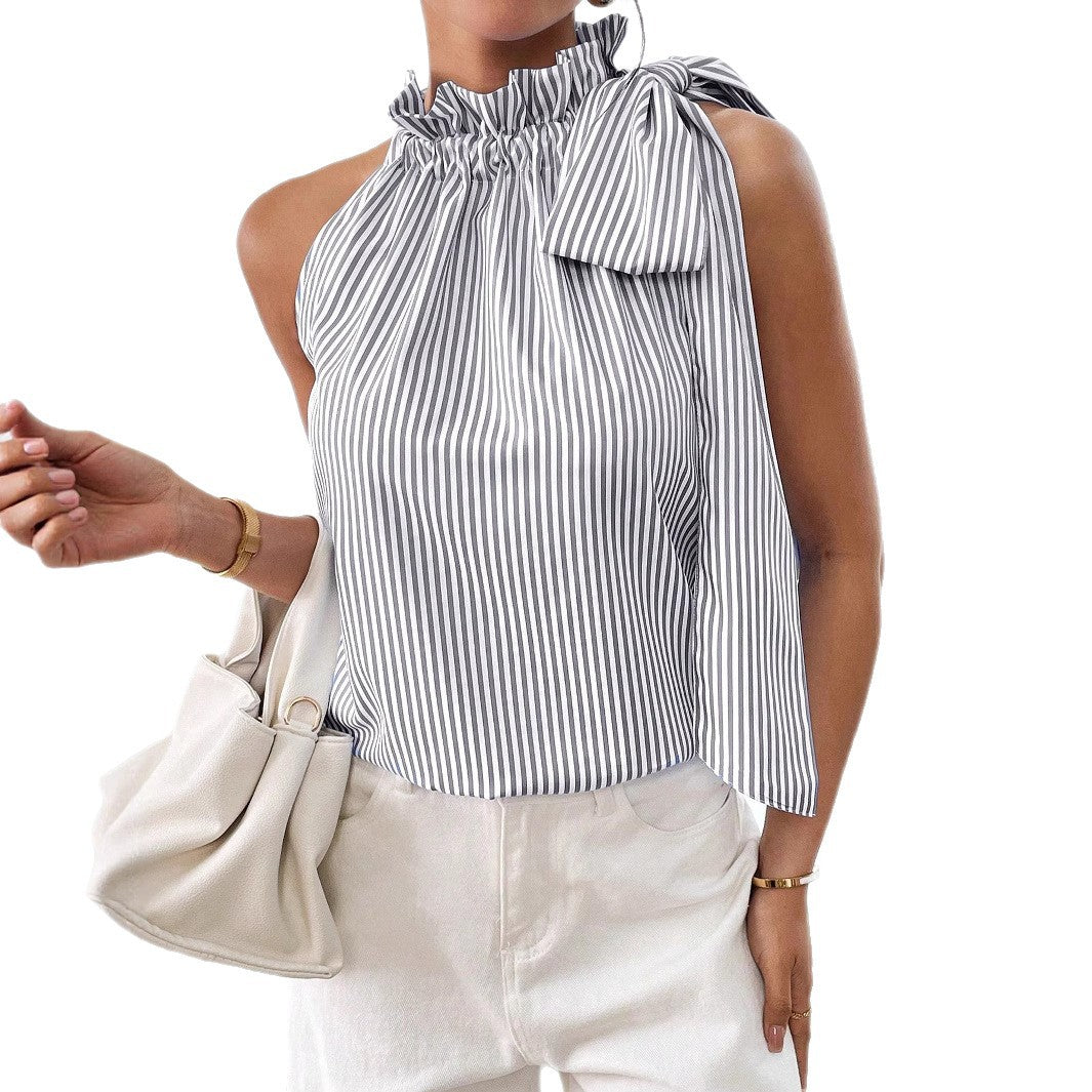 Fashionable Casual Sleeveless Striped Lace Trim High Neck Tie Knot Top