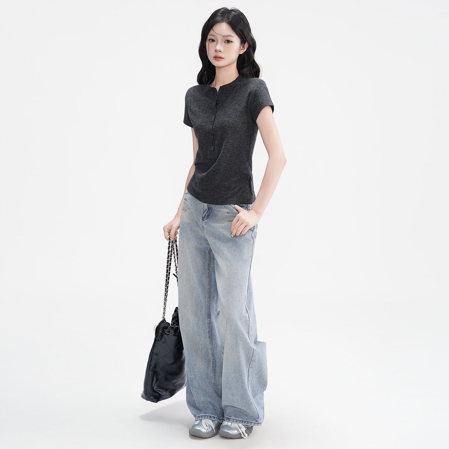 Half-Open Collar Buttoned Shoulder Tee