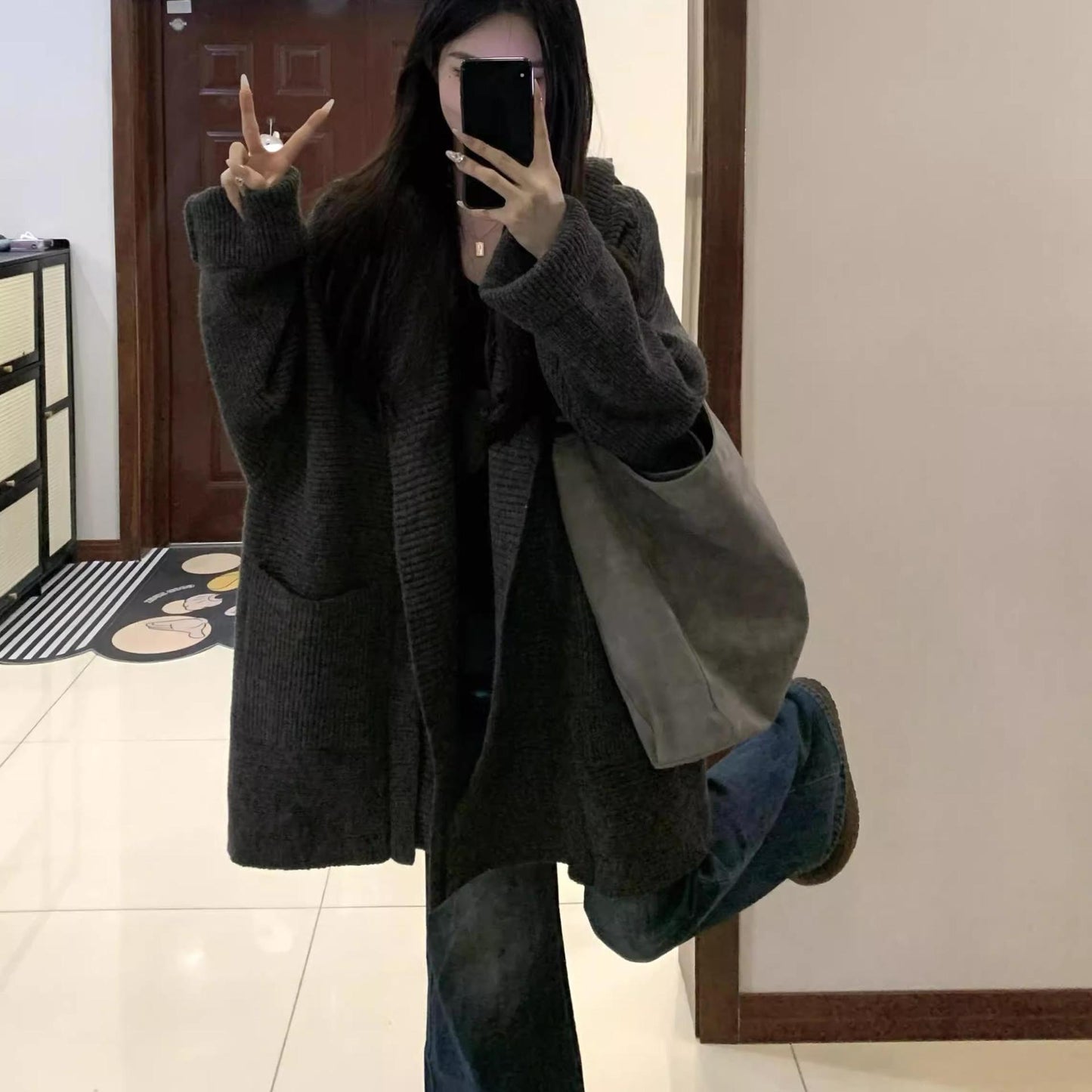 Collar Hooded Knit Cardigan Sweater