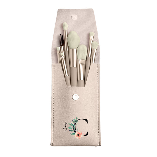 Beige PU leather makeup brush bag with flower design and 8 makeup brushes, a personalized gift for her.