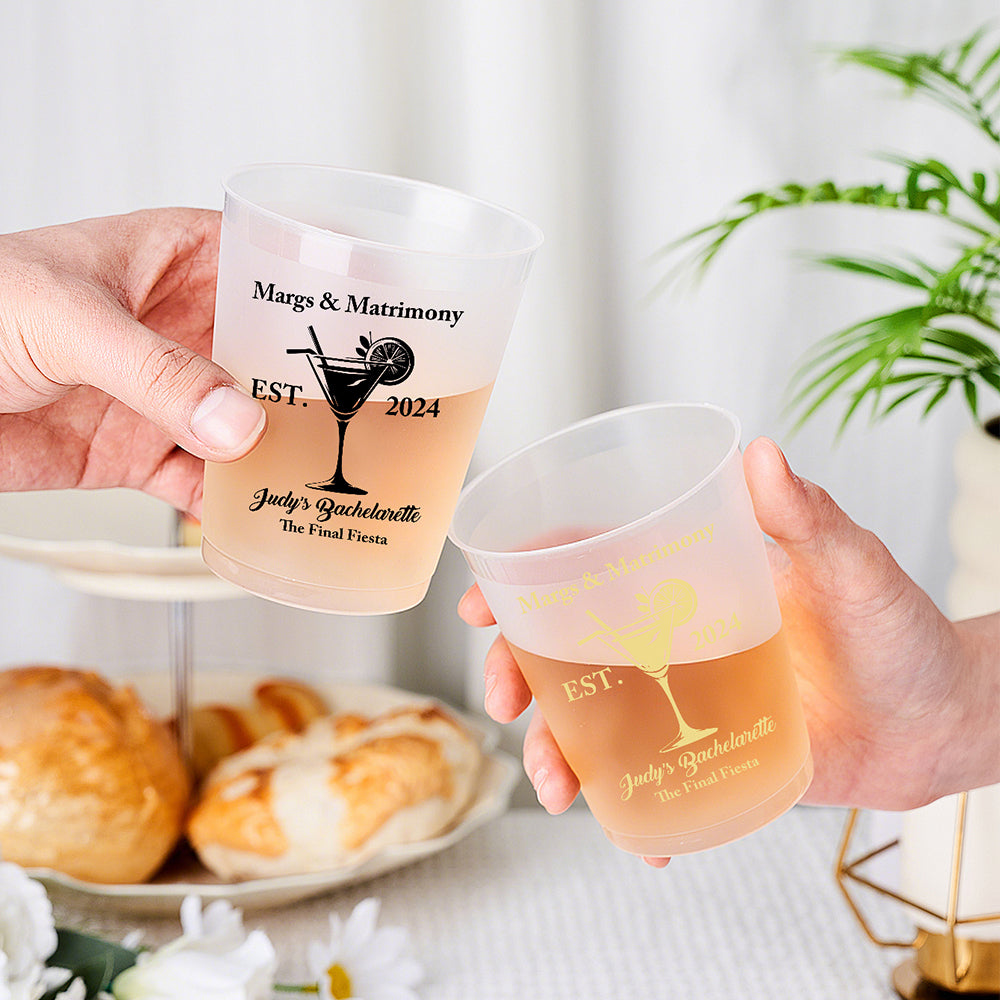 Cheers to the Bride! Personalized Margs & Matrimony plastic cups, perfect for bachelorette parties and bridal celebrations.