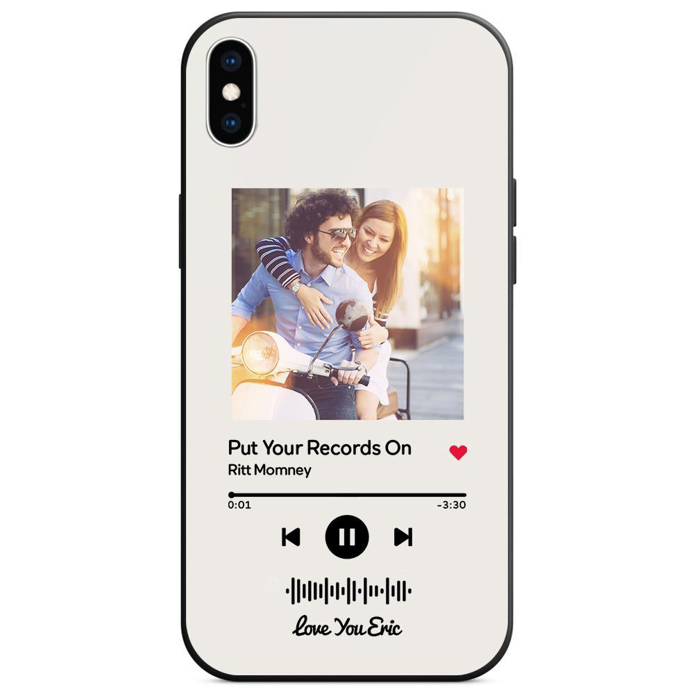 Custom white glass iPhone case with couple photo and scannable music code, song: Put Your Records On, personalized gift.