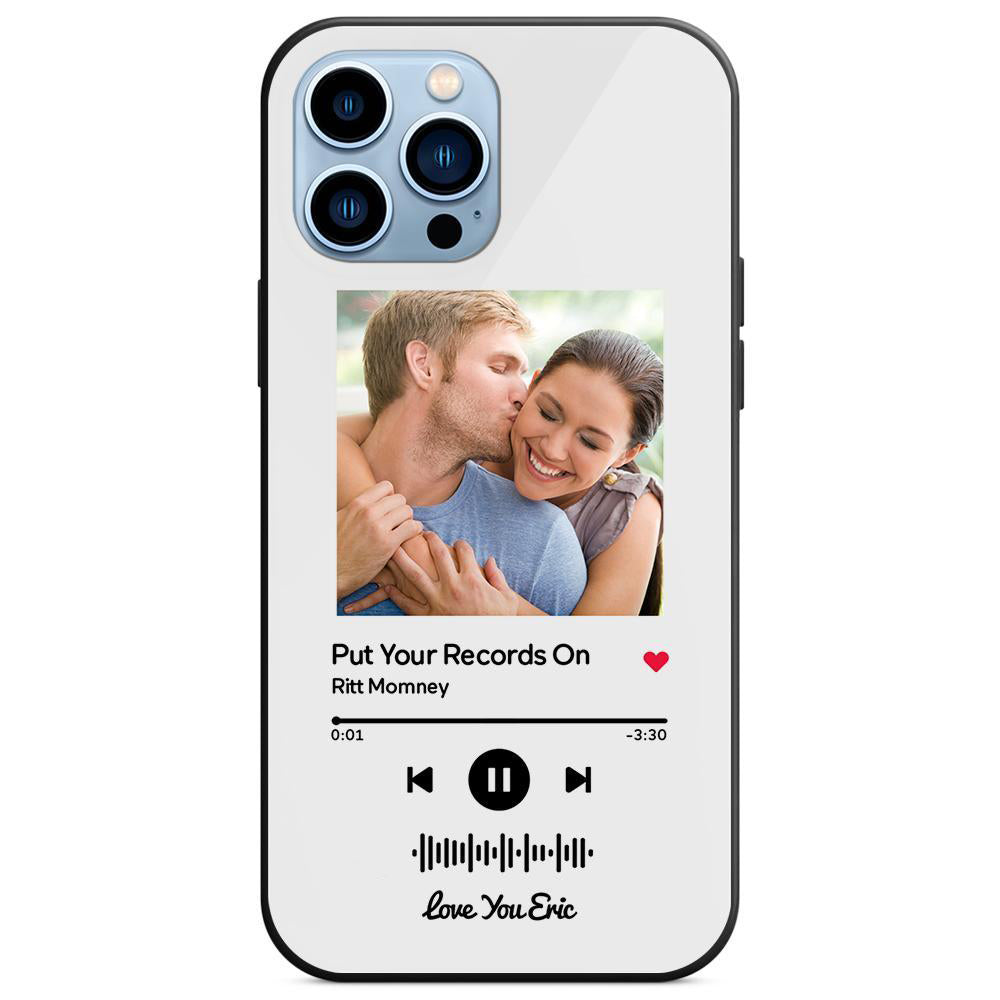 Custom white glass iPhone case with couple photo, scannable music code, song: Put Your Records On, personalized music gift.