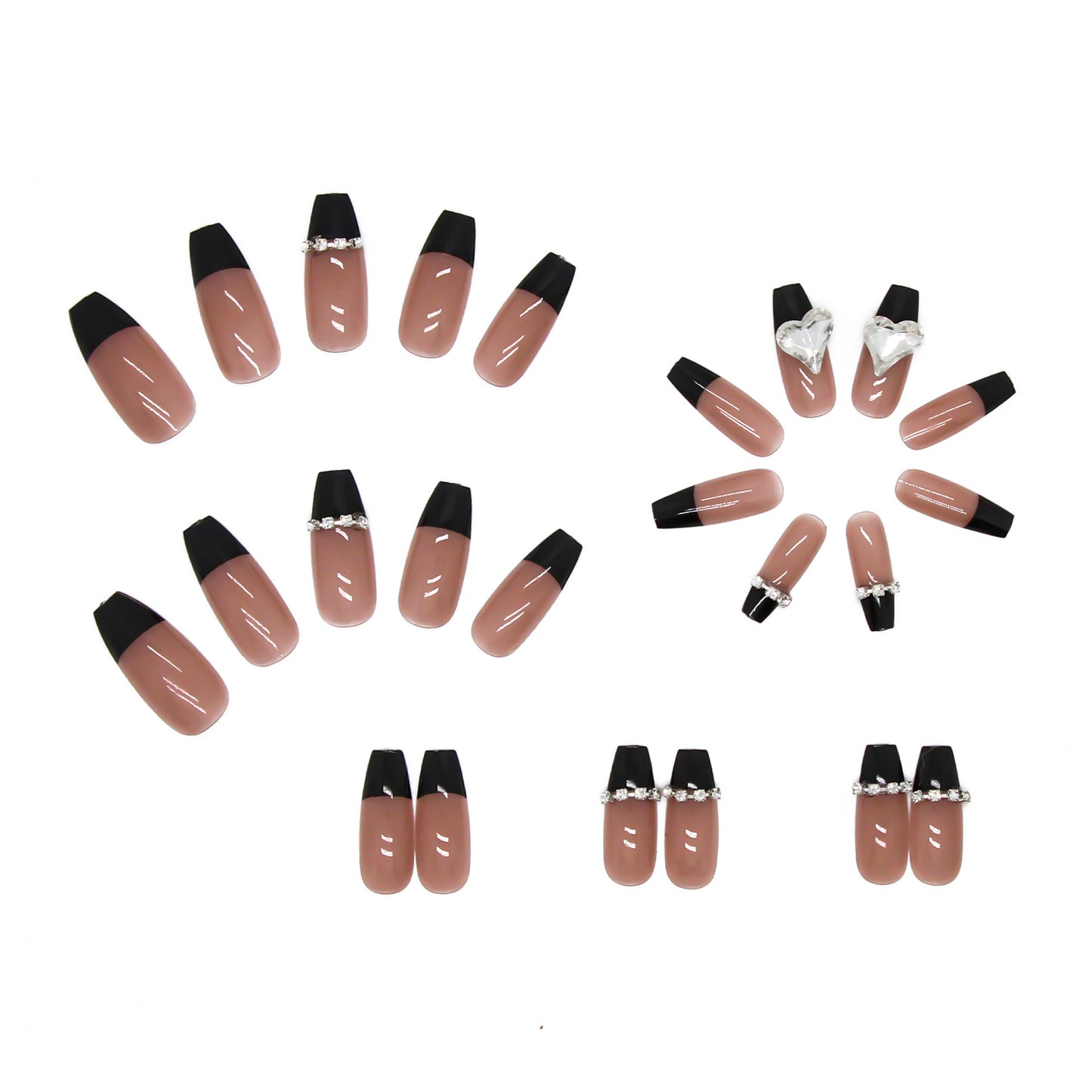 Black French Long Wearing Nail Rhinestone Love Chain False Nail Patch