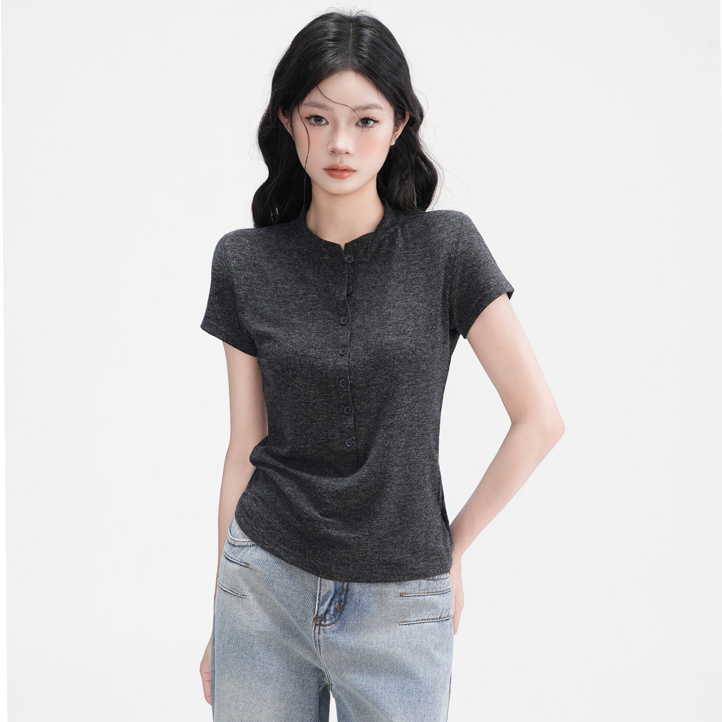 Half-Open Collar Buttoned Shoulder Tee