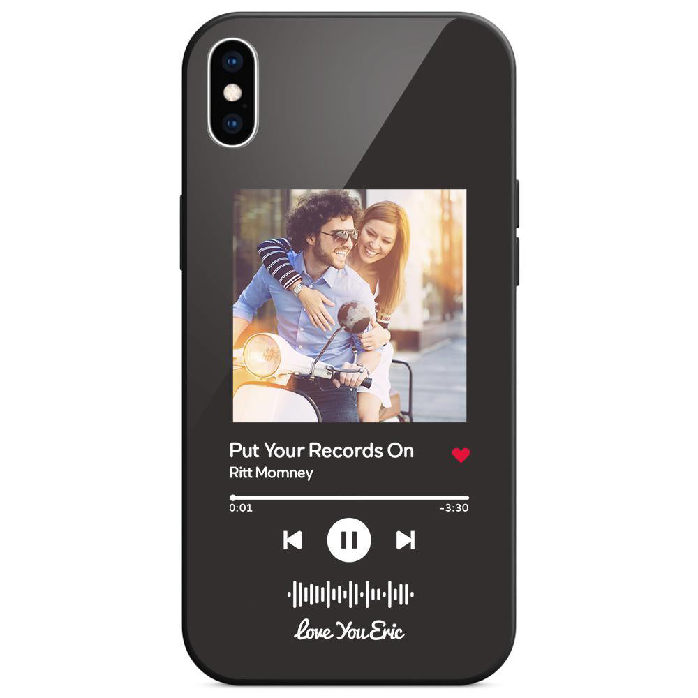 Custom black glass iPhone case with couple photo and scannable music code. Personalized music gift.