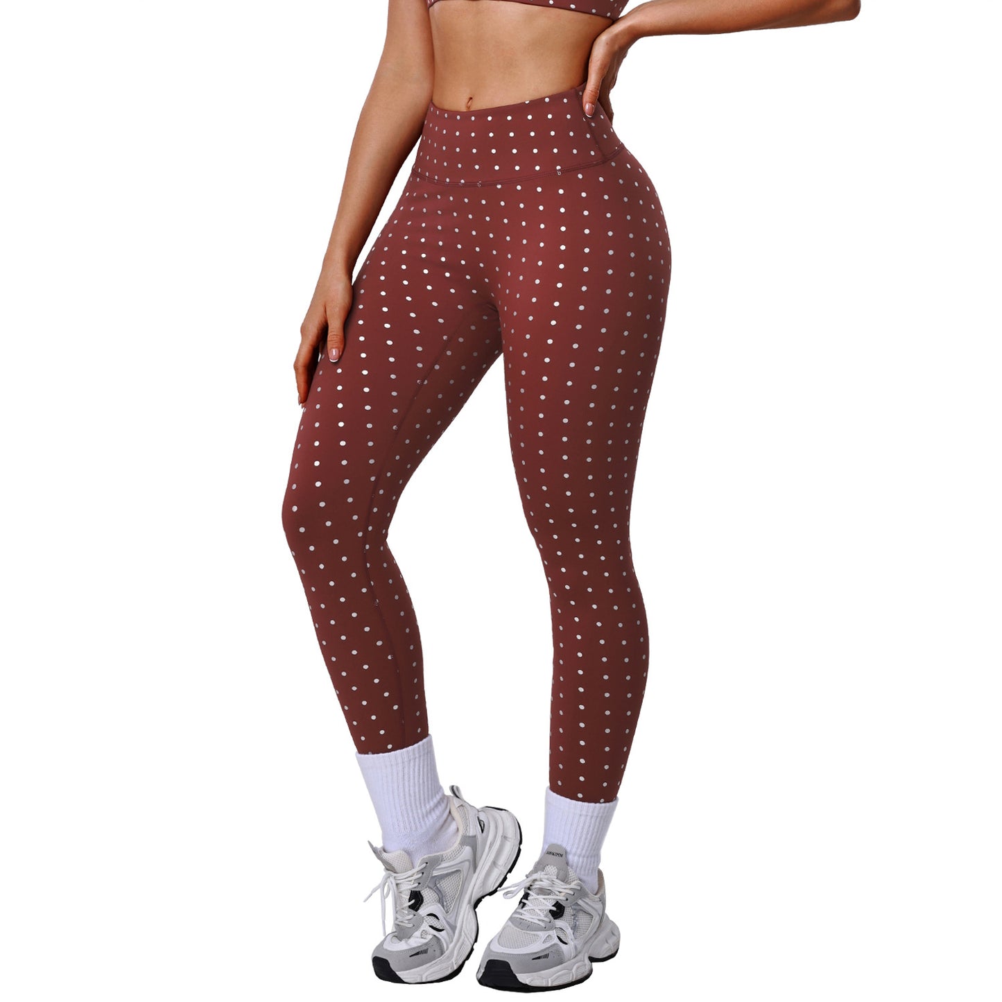 High Waist Elastic Silver Dot Yoga Pants for Women, Butt-Lifting Fitted Leggings, Outdoor Running Sports