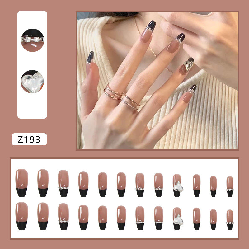 Black French Long Wearing Nail Rhinestone Love Chain False Nail Patch