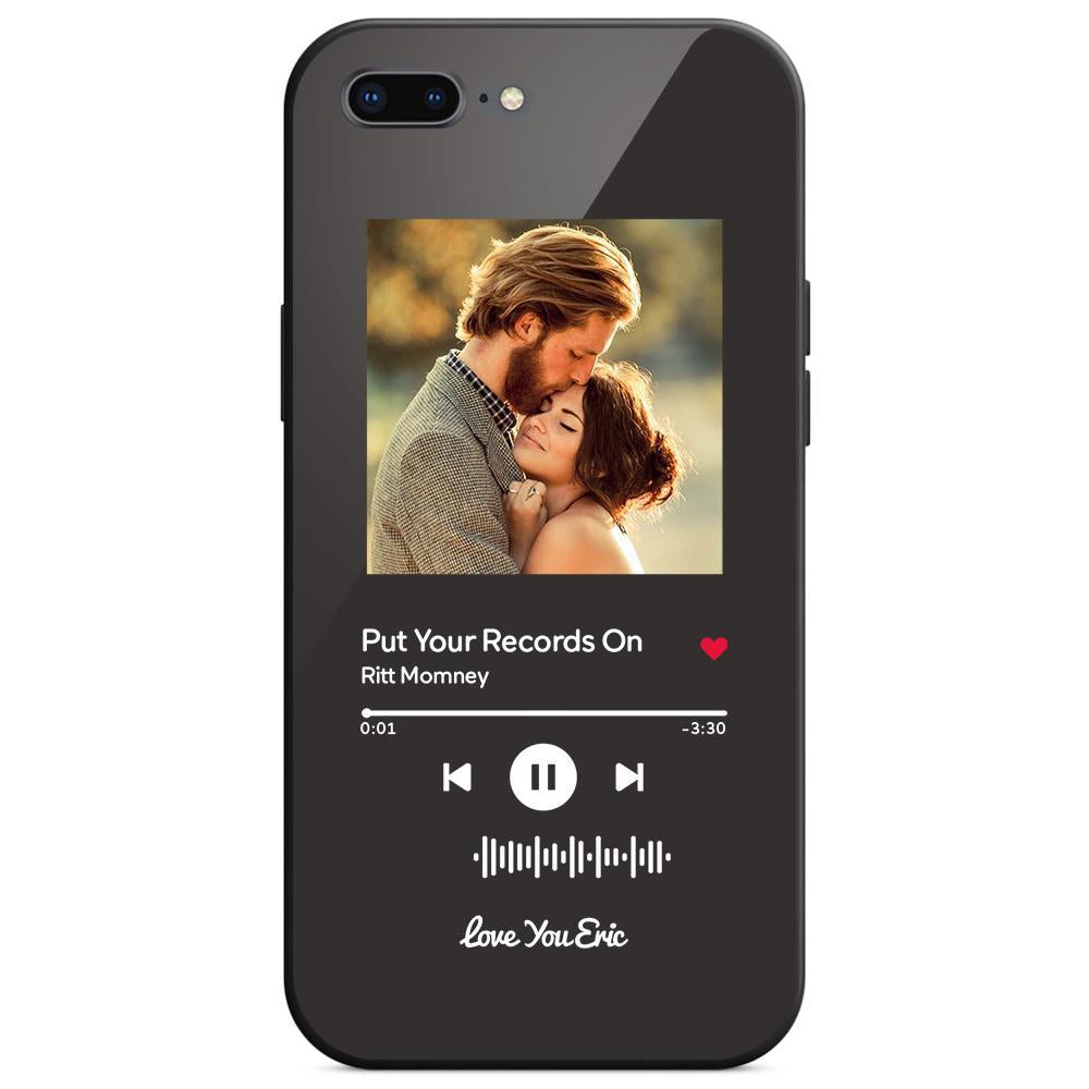 Custom black glass iPhone case with couple photo and scannable music code.