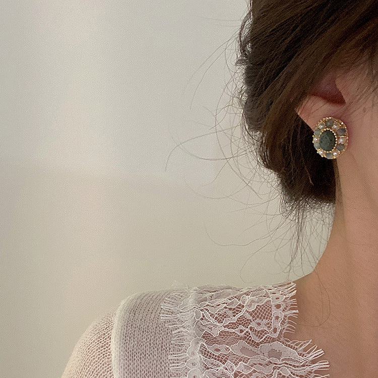 Natural Stone Crystal Pearl Stud Earrings