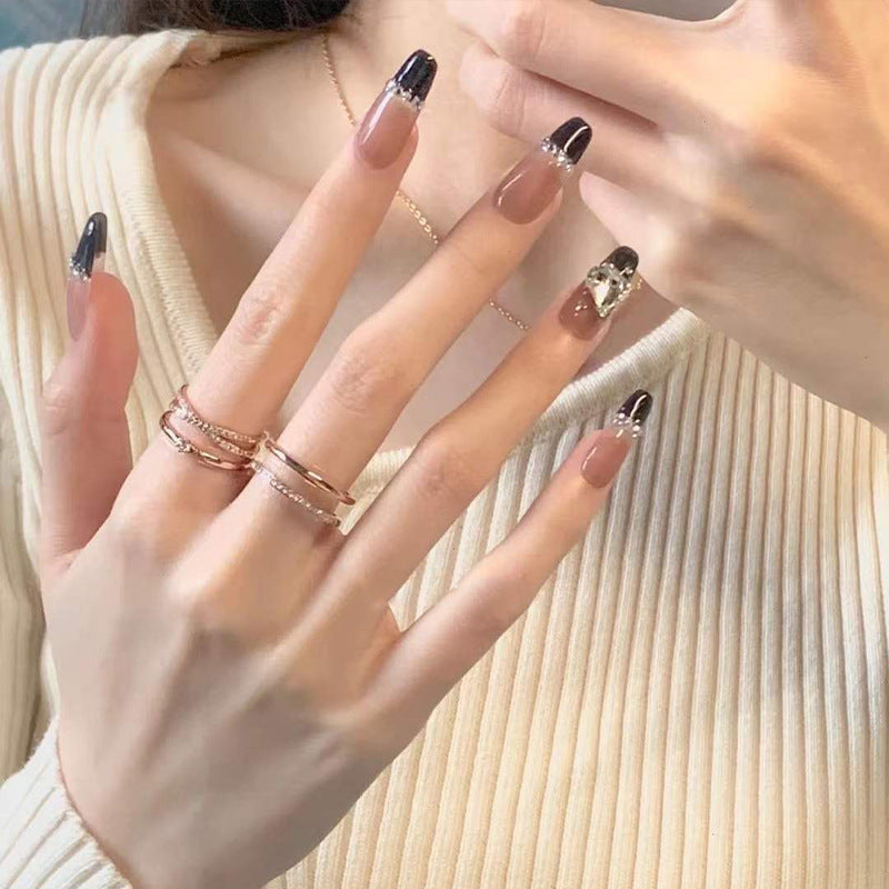 Black French Long Wearing Nail Rhinestone Love Chain False Nail Patch