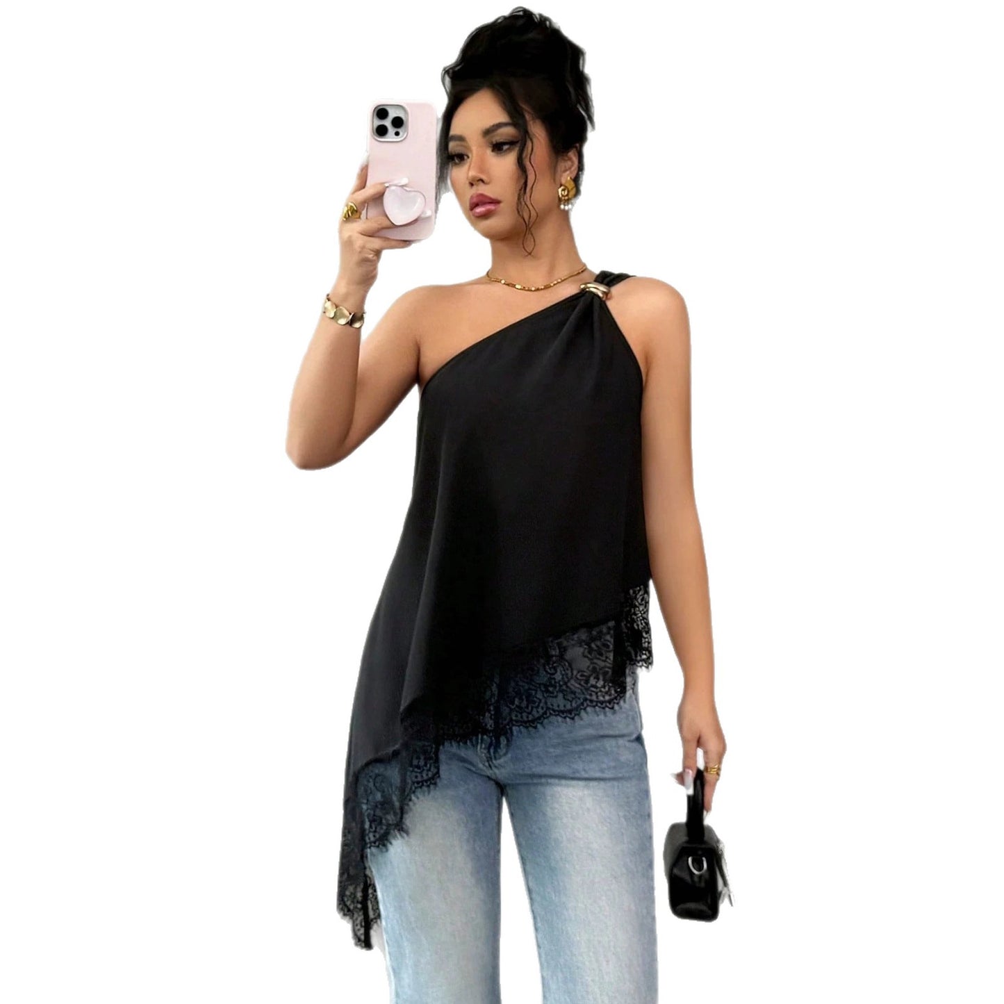 Slanted Shoulder Metal Buckle Lace Loose Top