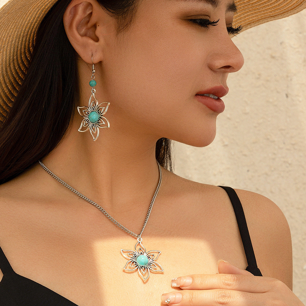 Natural Stone Coconut Tree Necklace and Earing