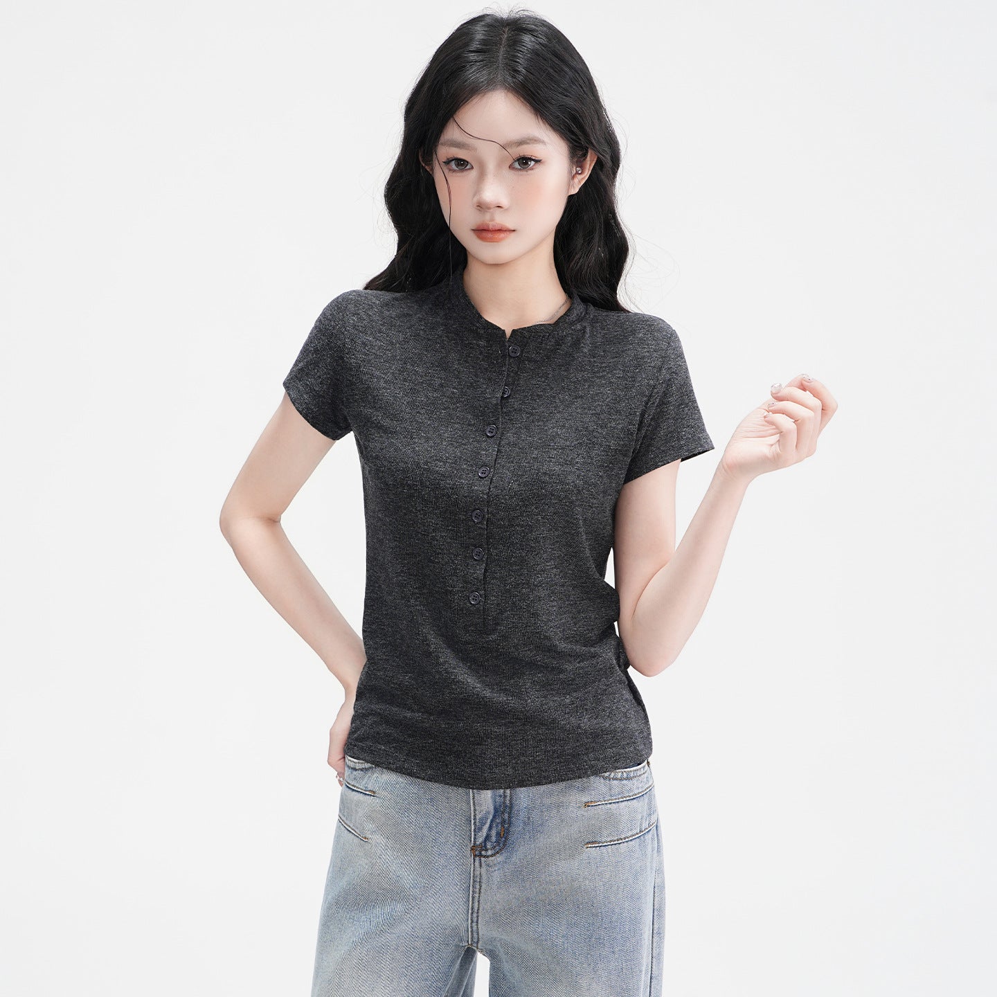 Half-Open Collar Buttoned Shoulder Tee