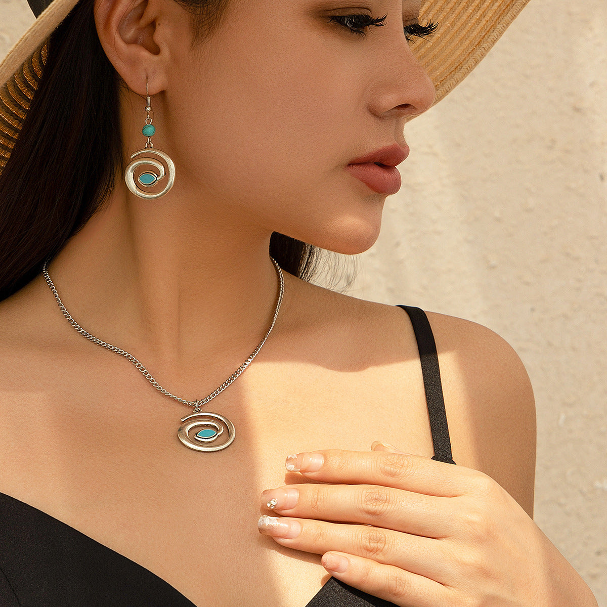 Natural Stone Coconut Tree Necklace and Earing