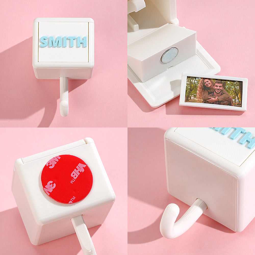 Personalized white 3D printed gravity hook with SMITH text, PLA material, home decor gift