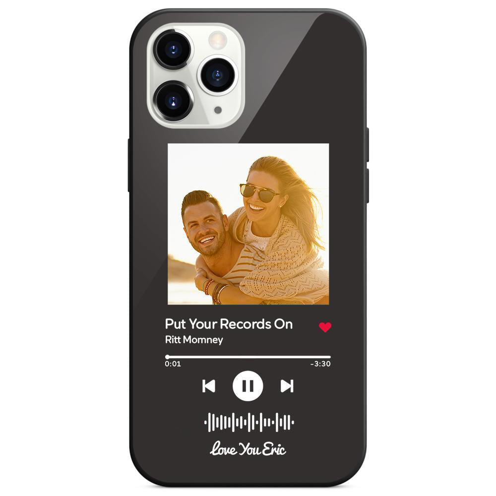 Custom black glass iPhone case with couple photo and scannable music code, personalized music gift