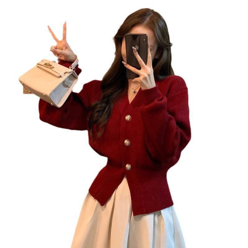 Cherry Red Knit Cardigan Sweater