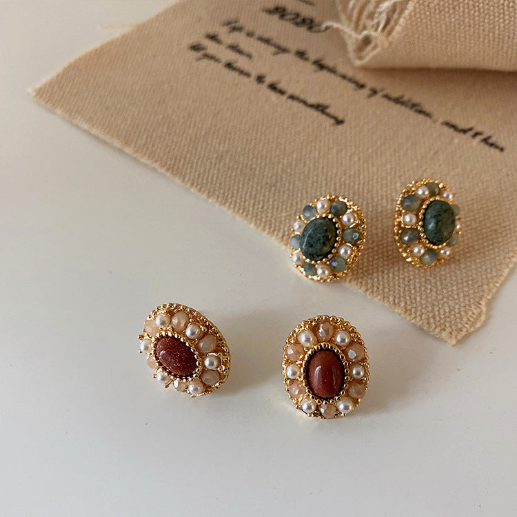 Natural Stone Crystal Pearl Stud Earrings