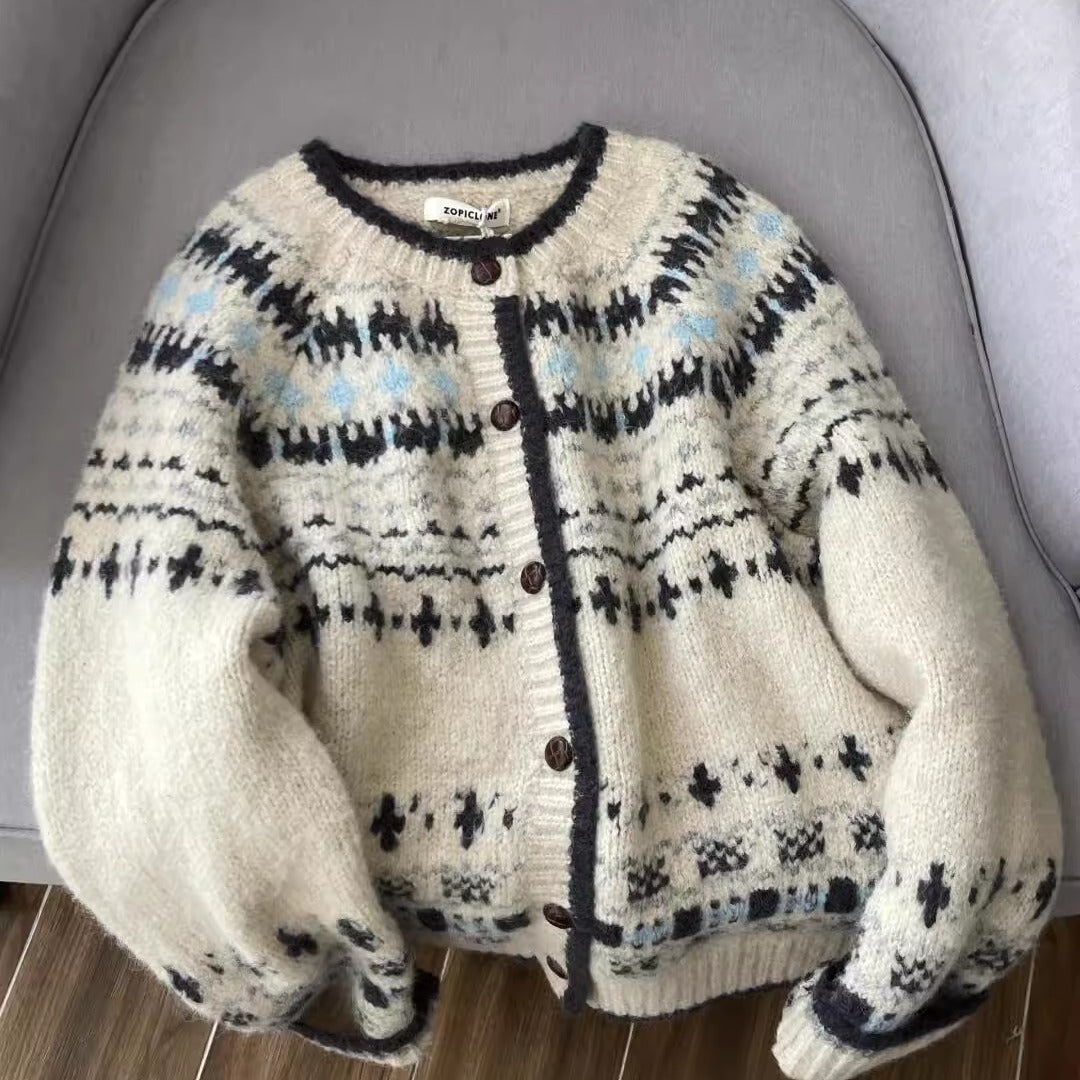Vintage Jacquard Round Neck Knit Cardigan Sweater