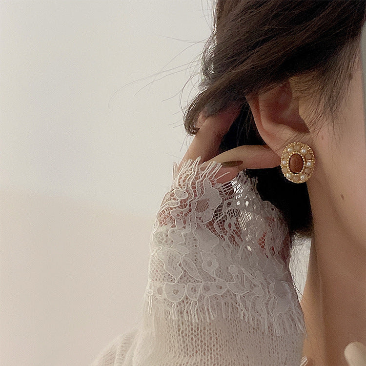 Natural Stone Crystal Pearl Stud Earrings
