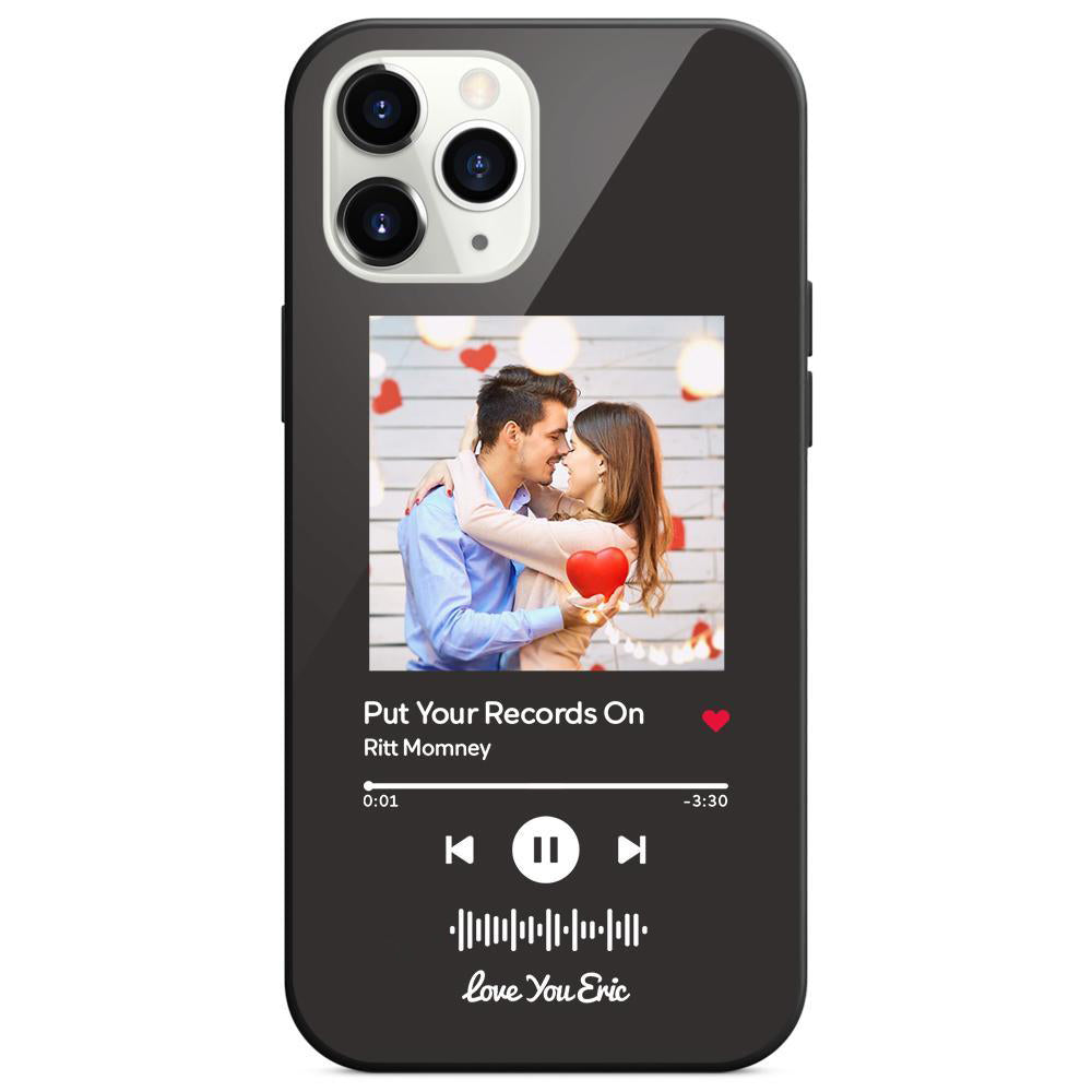 Custom black glass iPhone case with couple photo and scannable music code, personalized music gift