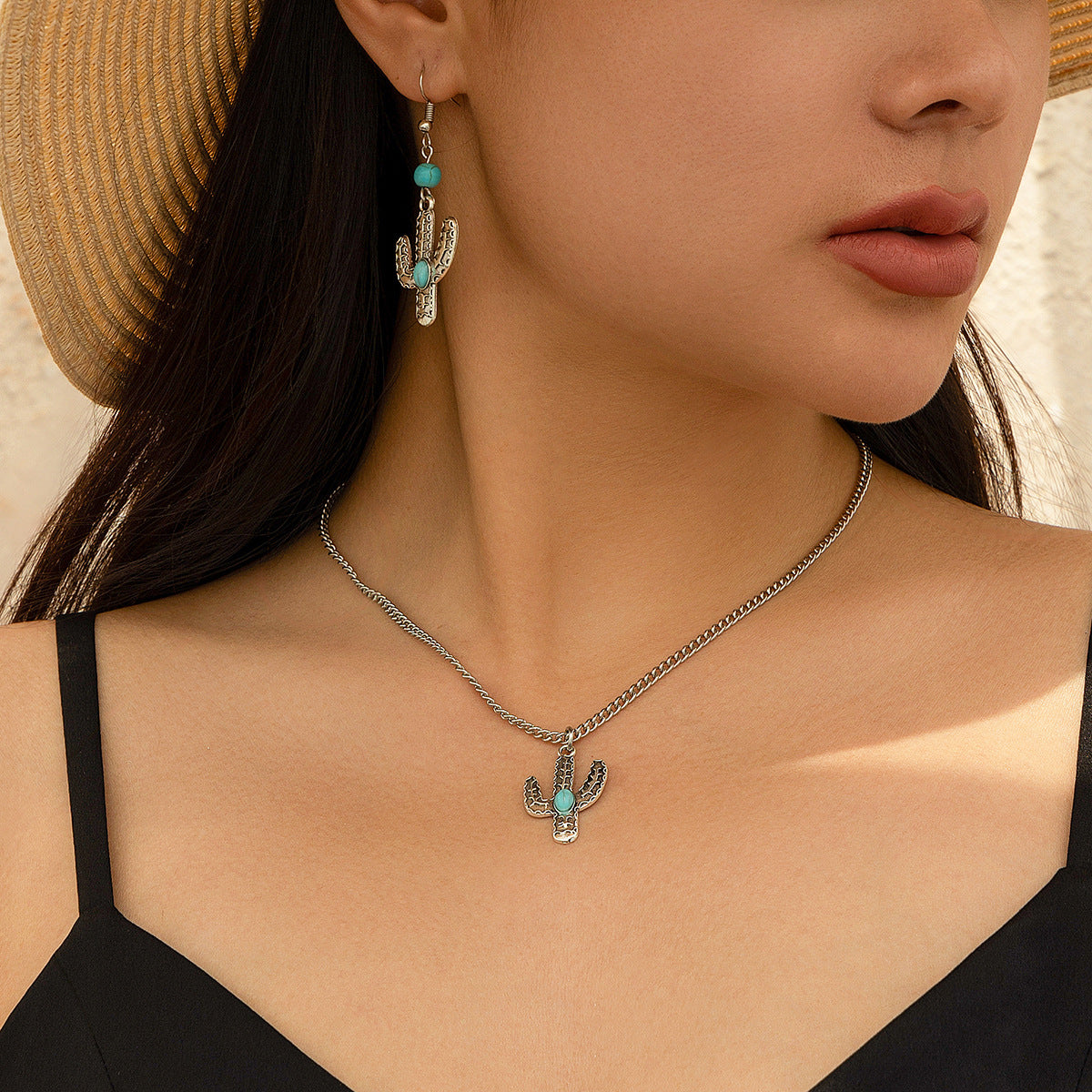 Natural Stone Coconut Tree Necklace and Earing