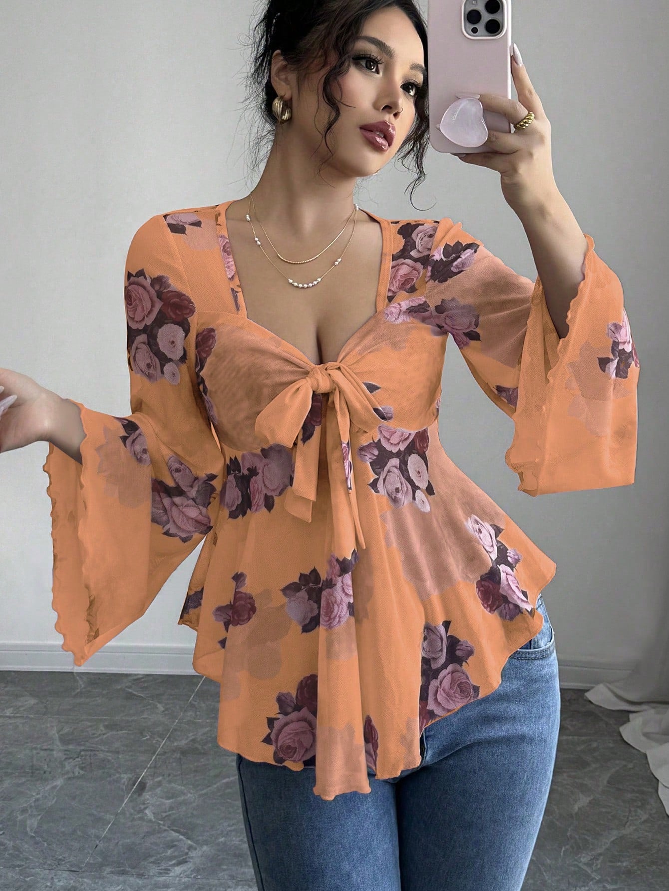 Sweet Floral Ombre Tie-Back Square Neck Long Sleeve Blouse