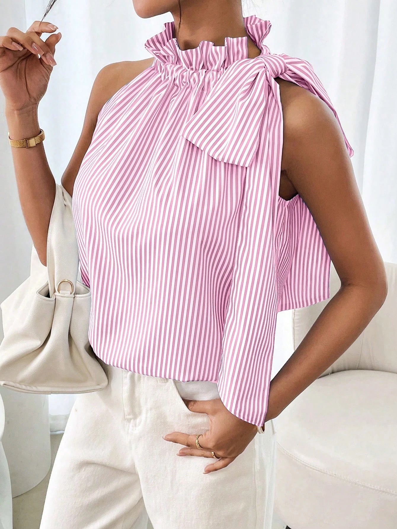 Fashionable Casual Sleeveless Striped Lace Trim High Neck Tie Knot Top