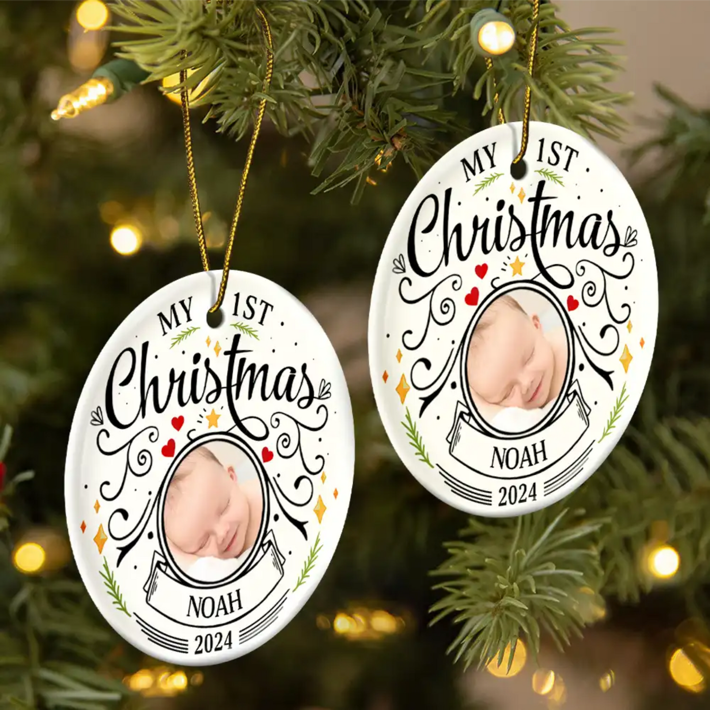 Personalized Baby's First Christmas Ornament with custom photo, name, and year, circle ceramic.