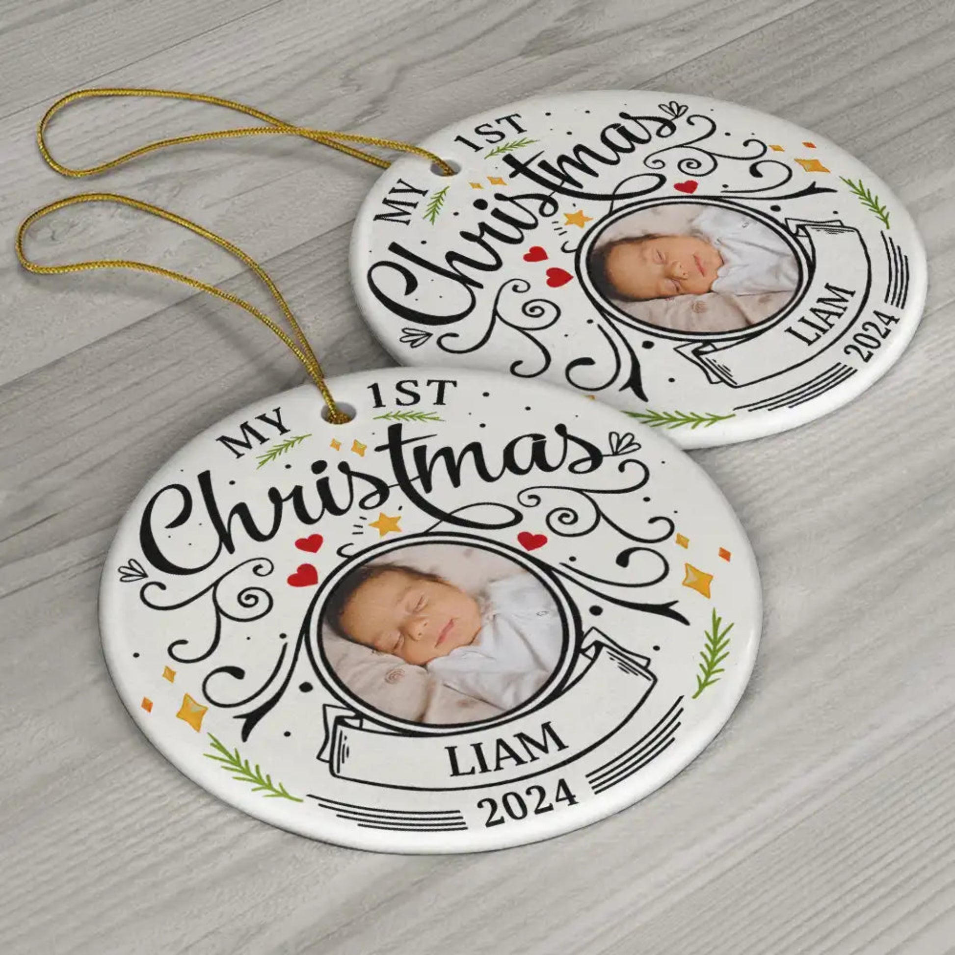 Personalized Baby's First Christmas Ornament with photo, name, and year. Circle ceramic design with rope.