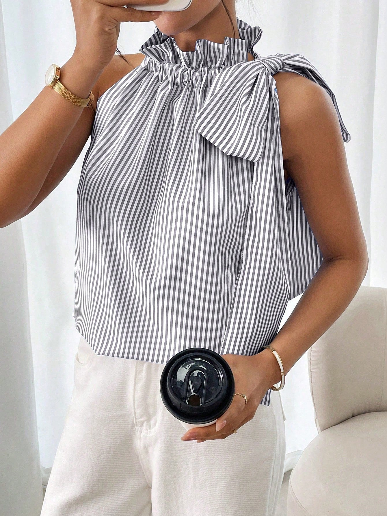 Fashionable Casual Sleeveless Striped Lace Trim High Neck Tie Knot Top