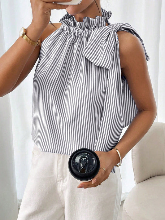 Fashionable Casual Sleeveless Striped Lace Trim High Neck Tie Knot Top